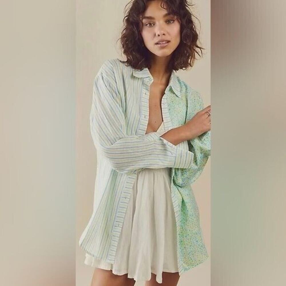 Free People Button Down Shirt Solid & Striped Lar… - image 1